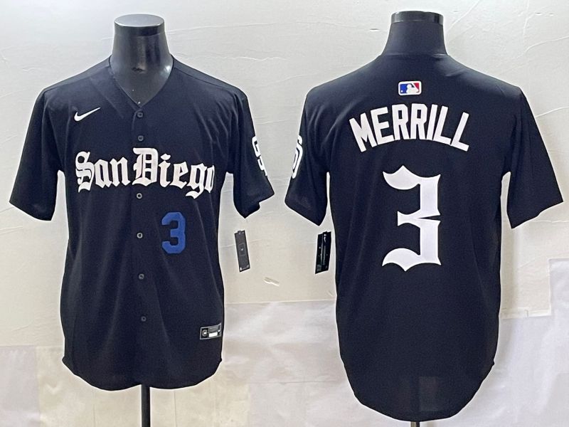 Men 2025 San Diego Padres #3 Merrill Black Five generations Joint Name Nike MLB Jersey style 2
